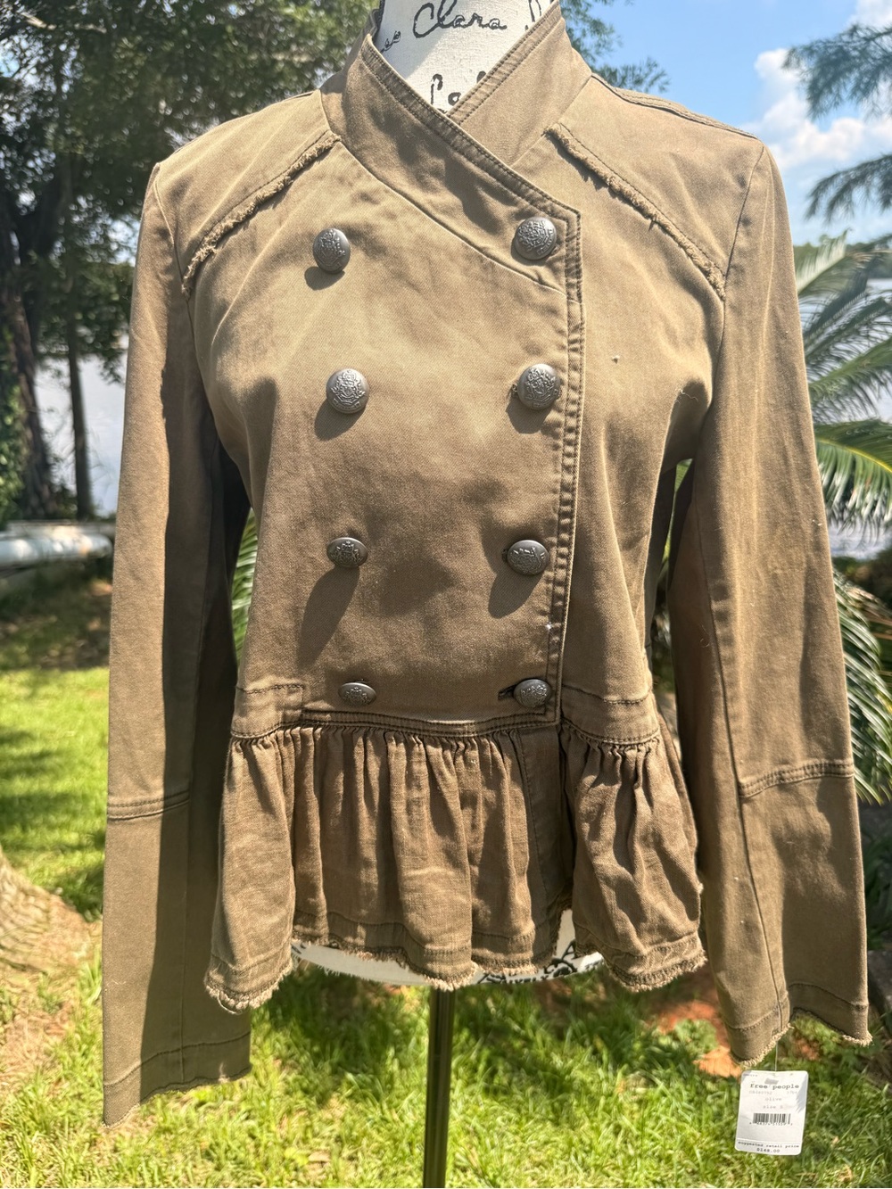 Free People Cropped Olive-Tone Jean Jacket with Button Cuff